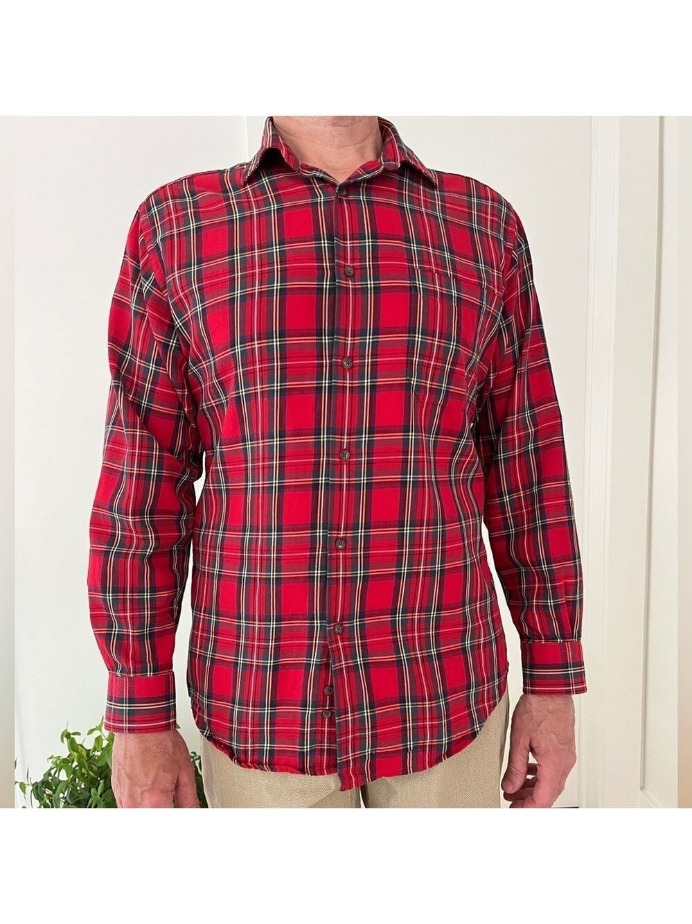 VIYELLA Cotton Wool Blend Button Front Red Plaid Tartan Long Sleeve Shirt